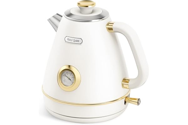 Hazel Quinn Bouilloire Électrique Rétro avec Thermomètre, Entièrement en Acier Inoxydable sans Plastique, Bouilloire Sans Fil, Arrêt Automatique, 2200 W, 1,7 L, Sans BPA, Vintage Design, Blanc Perle