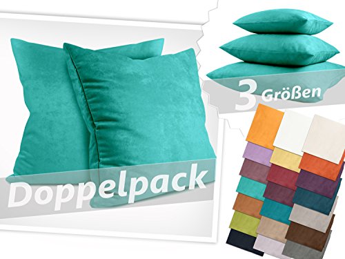 Doppelpack Kissenhüllen in Wildleder-Optik - zum Sparpreis - in 21 fantastischen Farben und 3 Größen (14 Farben in 60 x 60 cm) - angenehm weich & überaus robust, 40 x 40 cm, türkis