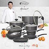 cacerola san ignacio gourmet Made in Italy, de la mano de San Ignacio; cARACTERÍSTICAS GENERALES: Aluminio prensado; antiadherente Withford moteado; gris con laca de silicio; asas y pomos termoplásticas, y tapas de vidrio en ollas indicadas; tODO apto para inducción