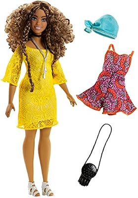 Barbie Fashionistas poupée mannequin #85 brune avec robe en dentelle jaune, fournie avec deuxième tenue, jouet pour enfant, FJF70