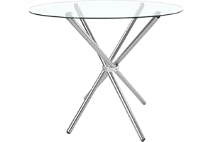 Warmiehomy Round Glass Dining Table With Silver Metal Legs, 90cm Small Kitchen Dining Table for Living Room Office Restaurants, 90x90x75CM