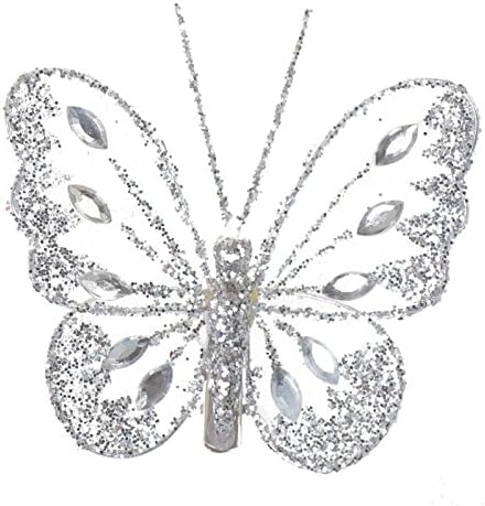 Butterflies With Glitter Diamante Body And Clip On Butterfly Reverse (Silver)