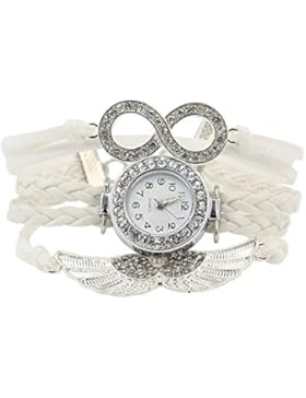 Damen Charme Strass Design Kunstleder Engelsflügel Armreif Armbanduhr Weiß
