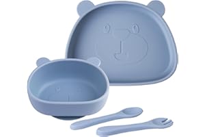 NOHLERLIFE Zestaw naczyń dla dzieci, 4 sztuki, silikonowe talerze dla niemowląt, antypoślizgowe miski z łyżeczką, widelcem, talerzyki dla niemowląt, miski z przyssawką, nie zawierają BPA, nadają się do mycia w zmywarce i kuchenki mikrofalowej