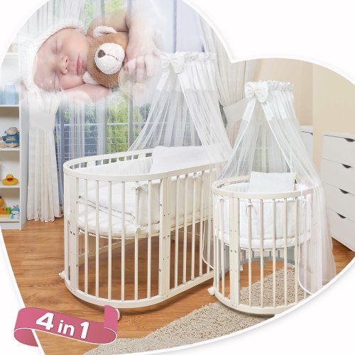 ComfortBaby © 4 in 1 - Baby / Child / Junior Bed - Made of Natural Solid Beechwood- used as a crib, playpen, bed, including Sky, covers, blankets, mattresses, bumper and many more. ALL INCLUSIVE