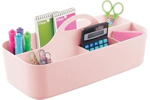 mDesign Organizador de oficina grande con asa – Prácticas cestas de plástico para escritorio – Organizadores de escritorios con 11 apartados para material de oficina – rosa
