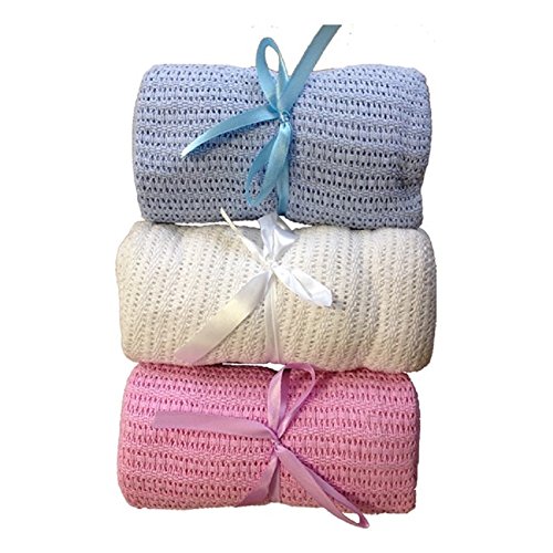 Pair of 100% Pure Cotton Cellular Baby Blanket for Pram Cot Bed Moses Basket Crib (white)