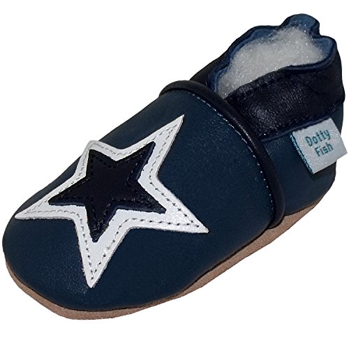 Soft Leather Baby Shoes Boys with Suede Soles by Dotty Fish Navy and White Star design - 6-12 months