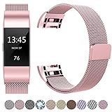 HUMENN Für Fitbit Charge 2 Armband, Luxus Milanese Edelstahl Handgelenk Ersatzband Smart Watch Armbänder mit Starkem Magnetverschluss für Fitbit Charge 2, Small Rosa