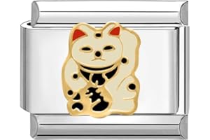 Quiges - Modulo Charm Link in stile italiano da 9 mm Giapponese - gatto fortunato in acciaio inox per bracciali in stile Italian Links