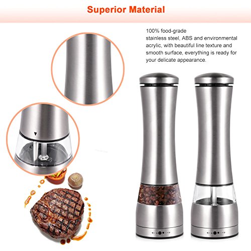 Uarter Premium elektrische Gewürzmühle, Edelstahl, Salz- und Pfeffermühle, Set mit verstellbarer Mahlfunktion und Sichtfenster, 2er Pack - 3