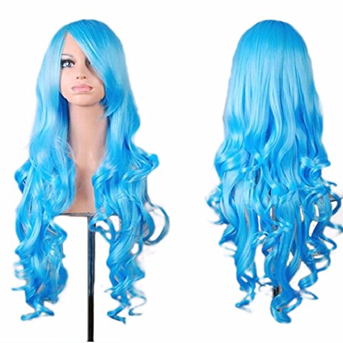 Preisvergleich Produktbild Rosennie Lady langes wellenförmiges lockiges Haar Anime Cosplay Partei-volle Perücken-Perücken Fasching Karneval Perücke Wig Neu Perücke Blond stilvoll schick gelockt Lang Haar Wigs für Karneval Cosplay Halloween Lange Curly Wellig Hitzebeständige Synthetische Blonde Haar Perücke für Frauen Voluminöse Perücke Wig gewellt langhaar aus hitzebeständiger Kunstfaser (Hellblau)