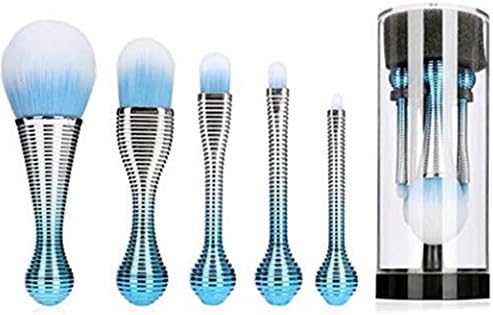 5pcs Professional Tiny Face Brush with Holder for Cosmetics Foundation Eye Shadow Lip Brushes in Portable Travel Case with Bracket for Easy Hang & Dry (Blue)