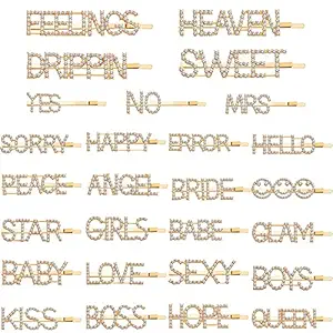 Belicia ? 10 Pieces Word Letter Hair Clips Glitter Wedding Crystal Rhinestones Hair Barrettes Love Star Boys Girls Kiss Happy Sweet Yes No Heaven Error Bride Babe Hairpins for Girls (Boho Style)
