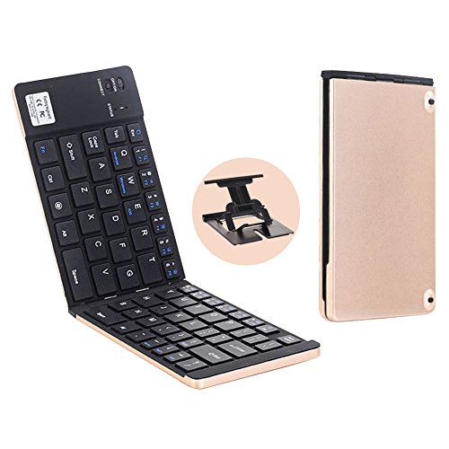 RSPrime Portable Universal Folding Bluetooth Keyboard Wireless Double Foldable Fold Mini Keyboard Pocket Size Ultra Compact Slim ABS Key Keyboard Aluminum Alloy for IOS Android Windows IPad Mini Tablet PC (Gold)