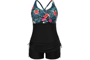 Hanna Nikole Plus Size Tankini for Women Tummy Control Drawstrings Swimsuit with Shorts Two Piece Athletic Swimwear