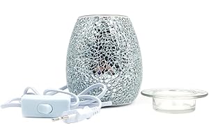 ANCLLO Candelabro de cristal templado de mosaico, cera de aceite perfumada derretir calentador hecho a mano diseño de mosaico calentador vela cera fundidor… (de plata)