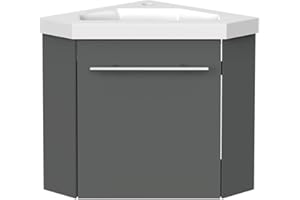 MYB 400mm Corner Cloakroom Vanity Unit with Basin Grey Wall Hung Soft Close Door 1 Tap Hole Sink Pre-assembled