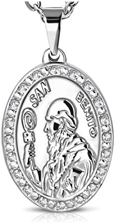 Stainless Steel San Benito St. Benedict Oval Religious Christian Pendant with Clear CZ