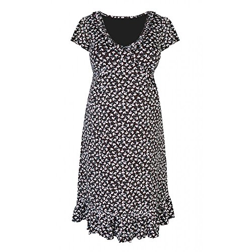 Heavenly Bump Maternity Printed Ruffle Neckline Dress - Black Pattern 12 Black Pattern