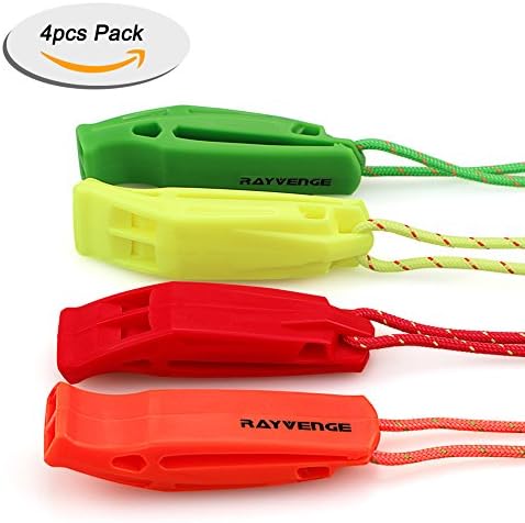 Rayvenge safety whistle with lanyard for Boating Hiking Kayak Emergency Survival Rescue Signaling (4 pack)
