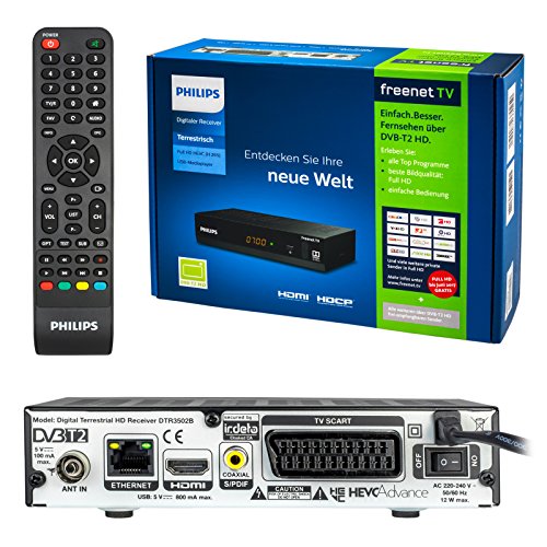HB DIGITAL DVB-T/T2 SET: Philips DTR3502B DVB-T/T2 Receiver, kartenloses Irdeto-Zugangssystem für freenet TV + HDMI Kabel mit Ethernet Funktion und vergoldeten Anschlüssen (Full HD, HEVC/H.265, HDTV, HDMI, USB 2.0 DVBT DVBT2 DVB-T2) - 2