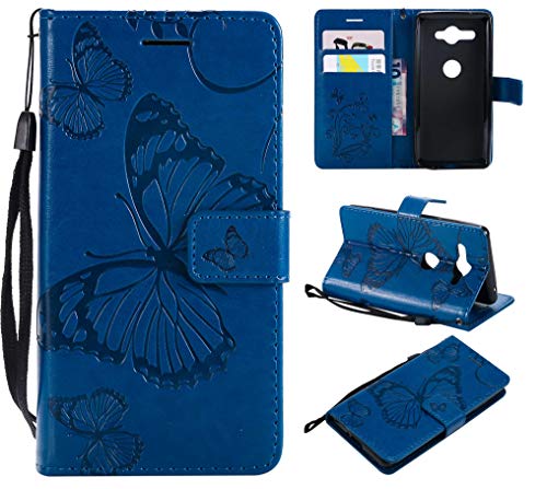 Preisvergleich Produktbild Sony Xperia XZ2 Compact Hülle,THRION PU Schmetterling Brieftaschenetui mit magnetischer Handschlaufe und Ständerhalterung für Sony Xperia XZ2 Compact, Blau
