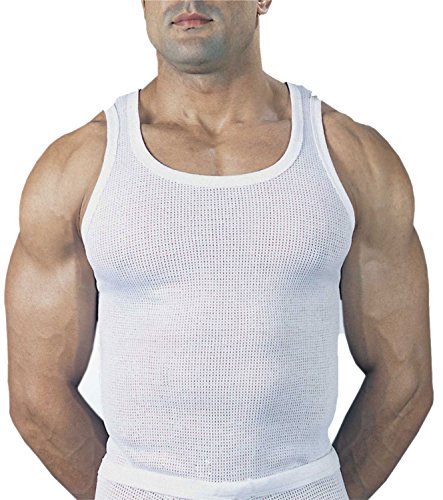 5 StarMen's & Boys' 2 Pack White Cotton Eyelet Mesh Singlet Vests, Sleeveless, Collared Neck, Club Collar, Fitted, Casual Party Singlet, M, L, XL