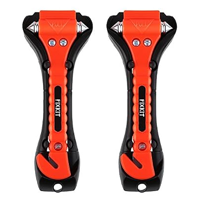 FIXKIT Lot de 2 Brise Vitre Coupe Ceinture Marteaux de Secours Antidérapage Briser Fenêtre Avec Cutter Ceinture Outil Adapté pour la Voiture, Autobus Orange avec Deux Parenthèse Noire -173*64*21mm