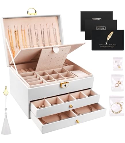 AKOZLIN Portagioie Extra Large A 6 Ripiani Con Specchio – 5 Cassetti E Armadi Laterali – Organizer In Pelle Per Anelli, Collane E Orecchini – Grigio