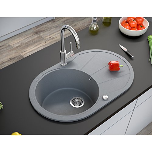 Spüle Granitspüle Küchenspüle Einbauspüle Auflage 780 x 500 mm große Ablage Spülbecken + Drehexcenter + Siphon (Grau (202)) - 4