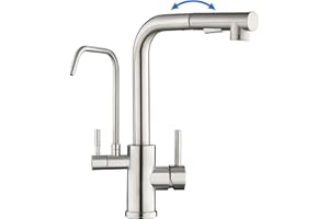 ROVOGO 3 Way Water Filter Tap, Monobloc Dual Lever Mixer Tap with Pull Out Spray, High Arc Brushed Stainless Steel Kitchen Faucet 360° Swivel, L-Spout