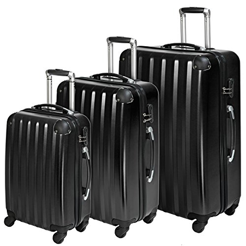 Preisvergleich Produktbild TecTake 3 teiliges Polycarbonat Reisekofferset Trolley Hartschalenkoffer Rollkoffer 4 Rollen 360 Grad - Diverse Farben - (Schwarz (Nr. 401445))