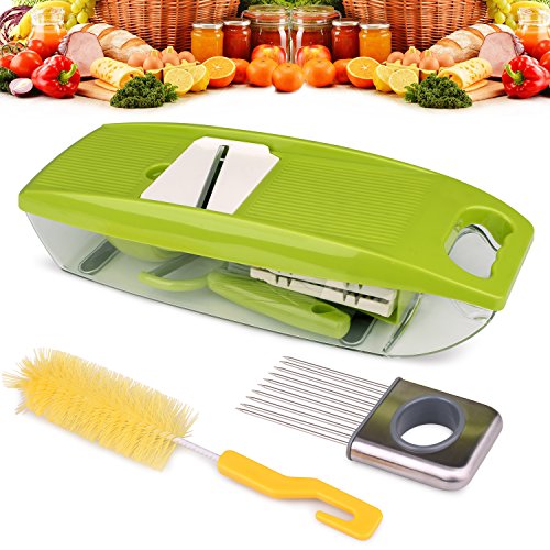 Gemüsehobel, AUKUYEE Mandoline Gemüsehobel Mandoline Slicer Nahrung Gemüsehobel Julienne Schneidegerät Gemüse Reibe Schneider Frucht Zerhacker Würfler 5 Edelstahl Klingen Container Schäler Schneidegerät Zwiebel Halter Reinigung Pinsel Multi-funktional Anpassbar