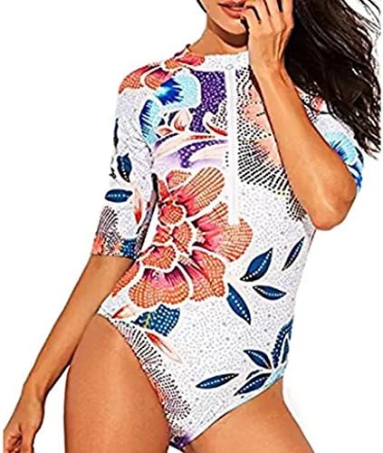 HKFV Women Newest Charming Creative Design Multicolor Printing One Piece Swimwear Rashguard Long Sleeve Zip UV Protection Print Surfing Beachsuit (White, L)