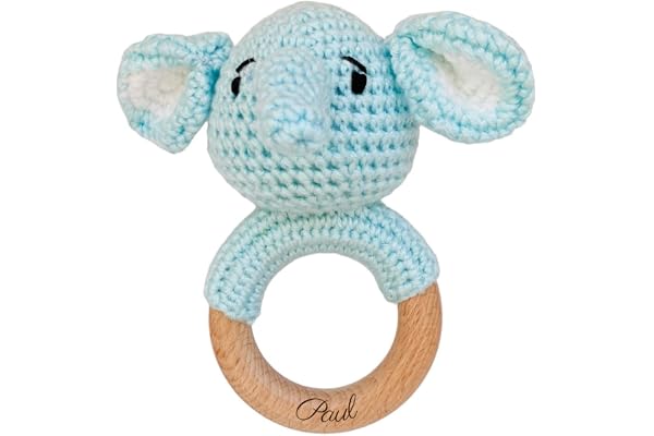 Hochet en crochet pour Bébé personnalisé | Cadeau de Bapteme naissance anniversaire | Cadeau enfant et bébé (Éléphant bleu) | Anneau de dentition