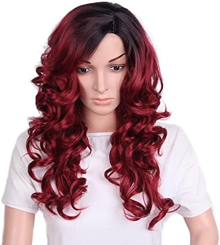 Long Curly Synthetic Hair Wigs for Women As Real Hair Side Part Synthetic Heat Resistant Cosplay Wig for Date or Party 18" Two Tone Wine Red Wig 18 inches