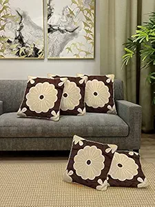 Boutique BeddingSilk Dupion Square Shape Decorative Cushion Cover Set for Living Room| Sofa with Embroided Pattern (Brown, Set of 5) | 16x16 inch