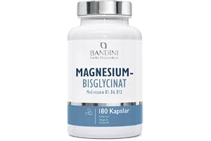 Bandini® Magnesiumglycinat (bisglycinat) - 180 kapslar + vitamin B1 B6 B12 | Kelaterade magnesiumtillskott - Tillhandahålla 350mg dagsdos - Magnesium för muskelfunktion, skelett, stress - vegansk