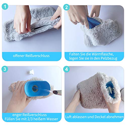 FUMUM Premium Wärmflasche mit Bezug, Weich Wärmflasche Klassik 2L mit Plüsch-Bezug, kein Geruch und Frei von Schadstoffen Grau Wärmflasche für Erwachsene Eltern Kinder