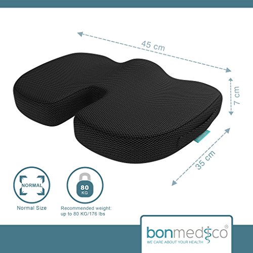 Bonmedico® Orthopädisches Sitzkissen mit innovativer Gel-Beschichtung und Anti-Rutsch Bezug, wirkt schmerzreduzierend, sorgt für gerade Körperhaltung und Steißbein-Entlastung, geeignet für Auto, Büro- & Rollstuhl sowie Reisen, in Schwarz oder Blau - 3
