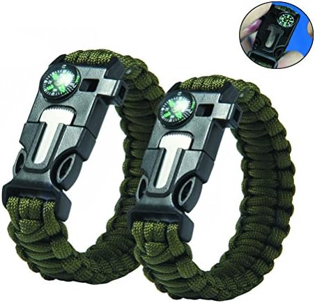 SusuTOP 5 in 1 Survival Paracord Bracelet kit with Compass Flint Fire Starter Scraper knife Whistle Survival Gear Gift for Ourdoor Hunting Hiking Camping Boating Fishing Emergency, 2pcs (Green)