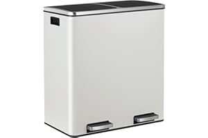 LIFERUN Cubos De Basura De Reciclaje de Doble Compartimentos con 2x 30 L Cubos Interiores de Plástico y Asas, Bote de Basura de Metal con Tapa de Cierre Lento y Pedal, Blanco