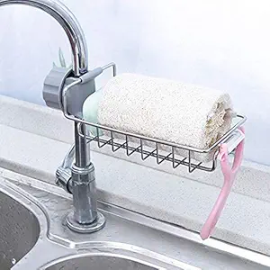 Tip&Top creation Stainless Steel Faucet Sink Soap Sponge Holder for Kitchen Wash Basin, Adjustable Storage Rack Tap Caddy Organizer Dish Washing Drainer Shelf (1Pcs)