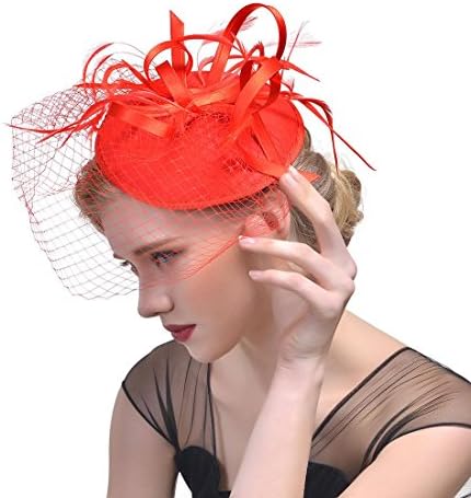 Ladies New Bride Hair Ornaments Photo Wedding Banquet Hat Head Flower Feather Cover Face veil Hair manual Ornaments Wedding Jewelry , red