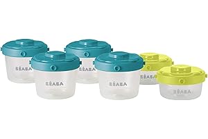 BEABA BÉABA - Set of 6 Baby Food Storage Container - Stackable and Clippable pots - 100 Percent Airtight with Measurement indication - Freezer Safe - 2 x 60 ml + 4 x 120 ml - Blue/Yellow