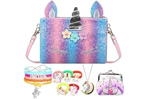 RHCPFOVR Licorne Sac a Main avec Bijoux Enfants Fille, 5Pcs Unicorn Collier Bracelet kit Bijoux pour Cadeau Anniversaire de Fête