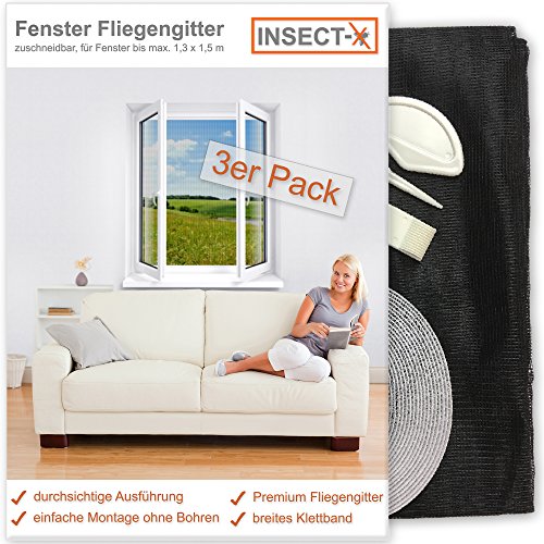 Fenster Fliegengitter von INSECT-X (zuschneidbar für alle Fenster bis 130x150 cm Größe) Fliegennetz Gitter zum Schutz vor Insekten wie Fliegen und Mücken | 3er Pack - hochwertig - durchsichtig | Insektenschutz Fliegenschutz Mückenschutz Netz