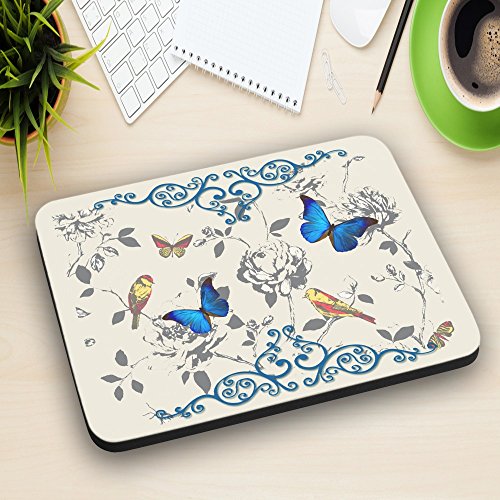 Vintage Vögel und Schmetterlinge, Designer Mousepad Unterlage Mauspad Maus-Pad Stark Anti Rutsch Unterseite für Optimalen Halt mit Lebhaftes Motiv Kompatibel mit Apple Magic Maus. Ideal für Gamer und für Grafikdesigner - 3