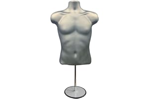 Display Guru Male Hanging Mannequin Half Body Form 3 Quarter Shop Bust Display With Round Stand (Silver)